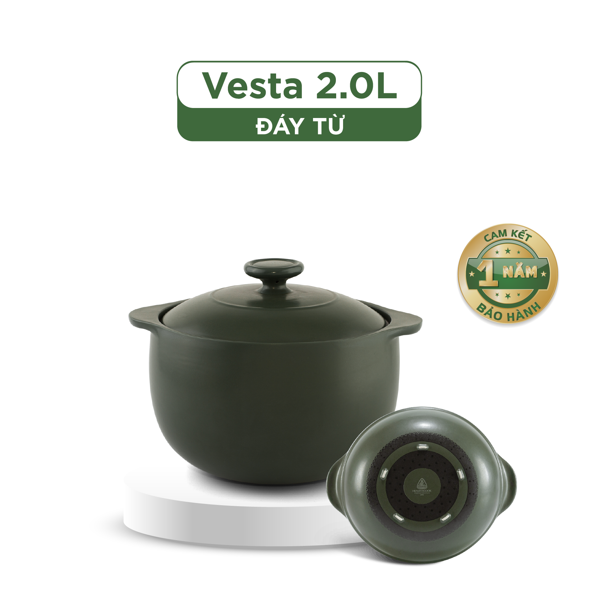 Nồi dưỡng sinh Vesta (Nồi tròn cao) 2.0 L + nắp (CK) (bếp từ) - Xanh Rêu